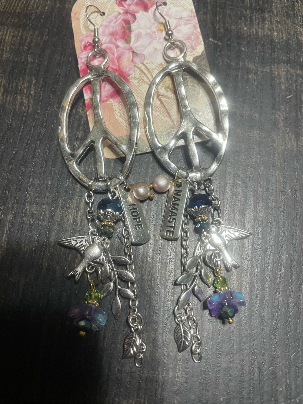 Artisan Silver Peace Sign Dangling Earrings with Purple & Blue Accents